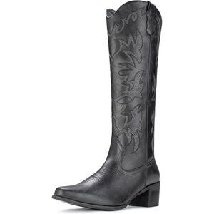 Women Faux Leather Black Side Zipper Chunky Heel Knee High Western Cowgirl Boots